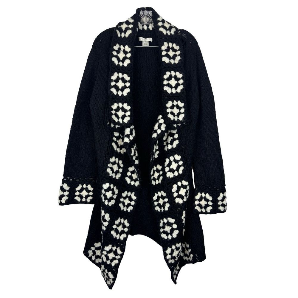 WHBM Granny Square Patchwork Maxi Long Crochet Knit Cardigan L Black Mohair